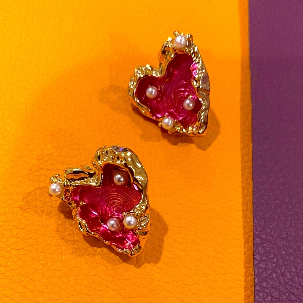 Gold and Pink Heart Earrings